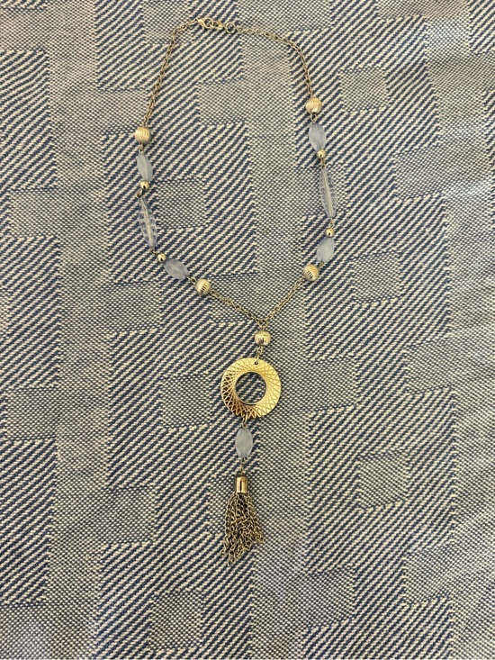 Jewelry - Gold-Tone Circle Pendant Tassel Necklace with Frosted Beads